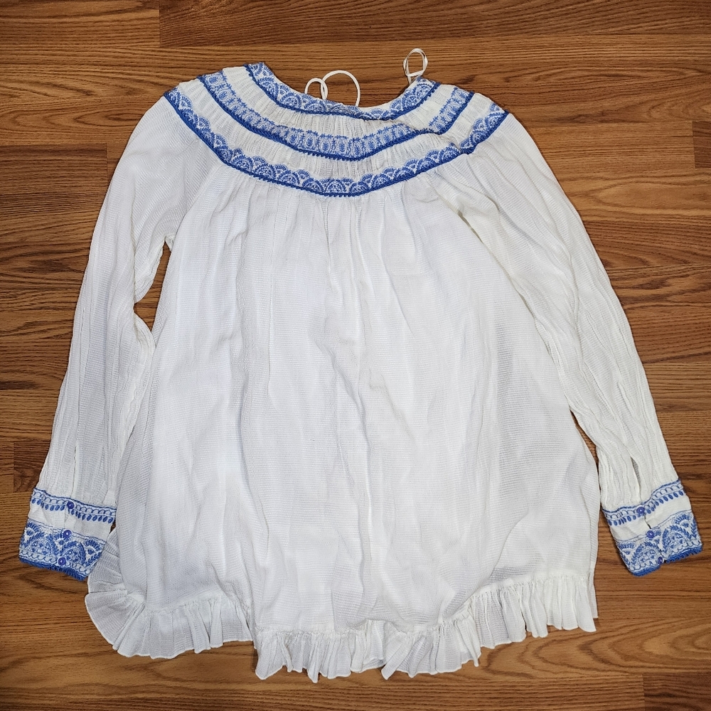 Free People Erin Embroidered Smocked Mini Dress Size Large White and Blue - Picture 3 of 16